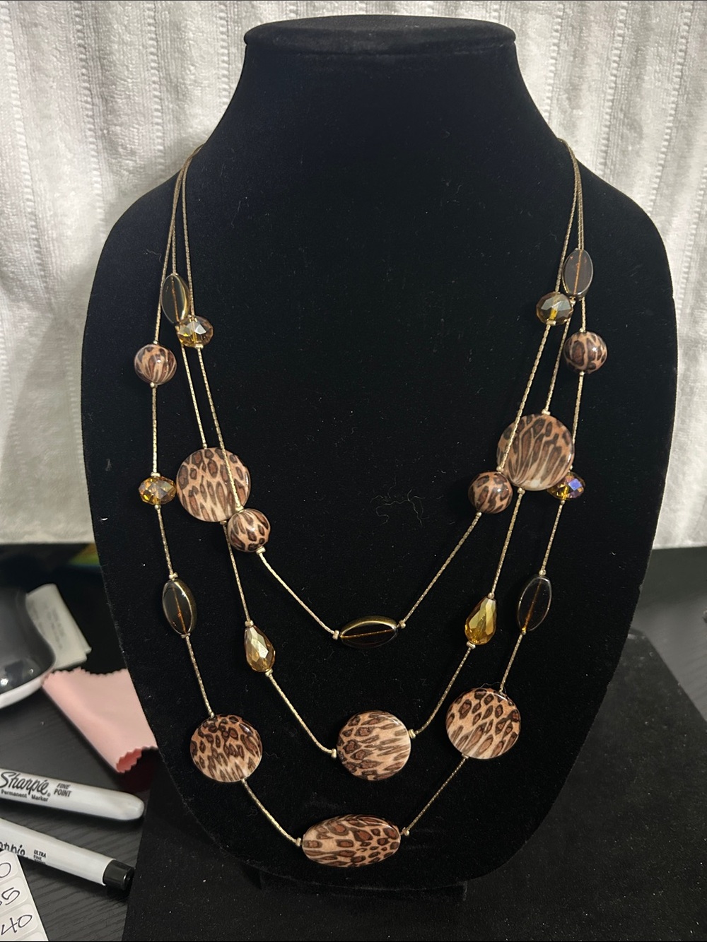 Leopard Print Multi-Strand Beaded Necklace - Brown